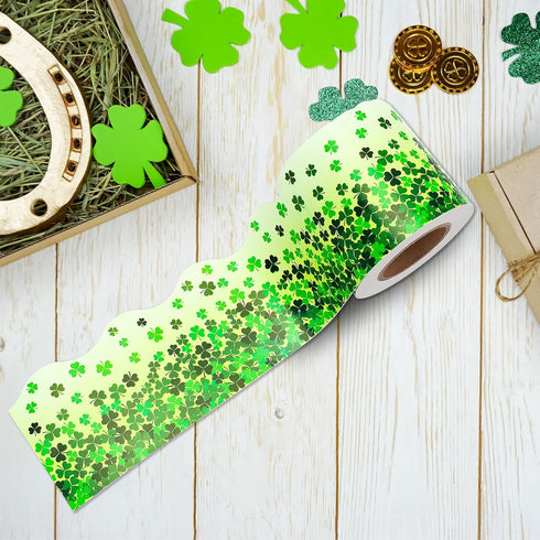 49.2 Ft St. Patrick's Day Bulletin Board Border Roll, Shamrock Clover Bulletin Board Border Trim for St. Patrick's Irish Party Classroom Office Bu...