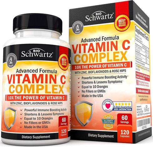 Vitamin C Complex Supplement - Vitamin C 1000mg Capsules with Rose HIPS Zinc and Citrus Bioflavonoids (60 Day Supply) - Supports Immune Health, Ce...