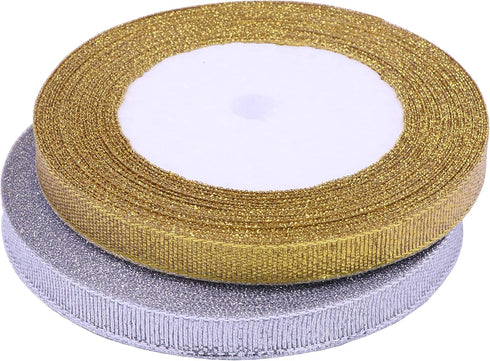 YAKA 3/8 inch 50 Yards Ribbon Shimmer Sheer Organza Ribbon for Craft Bow Party Decoration Packing Ribbons 2 Rolls (Gold and Silver, 3/8 inch(10mm)...