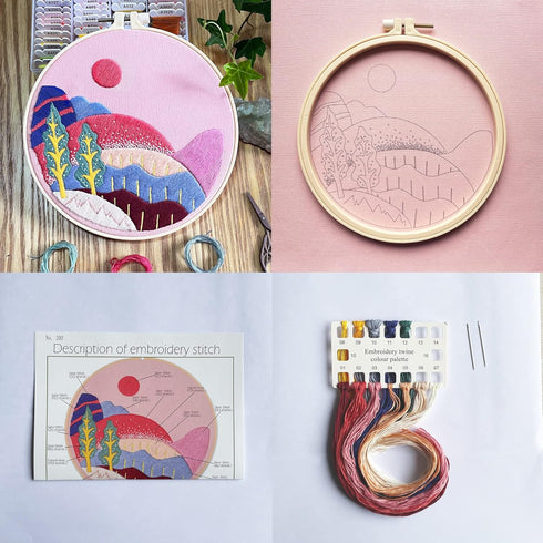 embroidery kit, pink embroidery cloth, pattern of mountains, embroidery starter kit, also includes hoop, needle, thread and instructions (pink)......