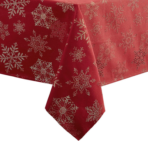 Newbridge Fancy Metallic Snowflake Christmas Fabric Tablecloth, 70 Inch Round, Red Gold, No-Iron Soil Resistant Sparkling Snowflakes Woven Holiday...
