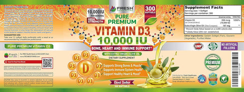 Premium Vitamin D3 10000 IU (250mcg) Infused with Extra Virgin Olive Oil - Immune Support - 300 Softgels - Supports Heart, Joints, Bone, Muscle an...