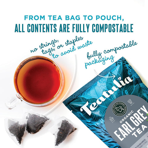 Teatulia Organic Earl Grey Tea Bags (50 Pyramid Sachet Teabags) Whole Leaf Flower 100% Compostable Black Tea + Bergamot Citrus Sustainably Grown I...