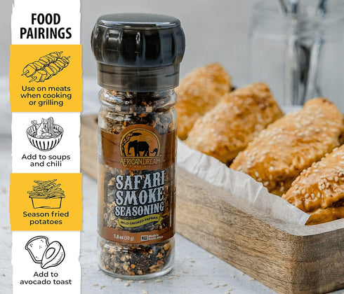 Safari Smoke Seasoning by African Dream Foods | All-Natural Smoky Seasoning | Made with Smoked Paprika Flakes, Dried Garlic, Basil, Sea Salt| Reus...