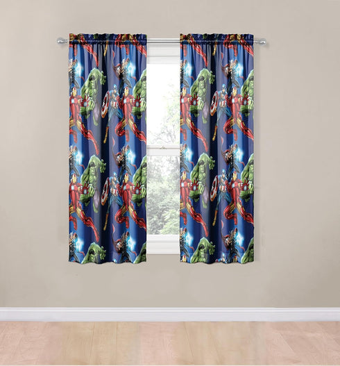 Jay Franco Kids Window Drapes - 4 Piece Curtain Set Includes 2 Tiebacks, Beautiful Bedding Room Décor and Easy Set Up, Blue - Avengers, 63 Inch...