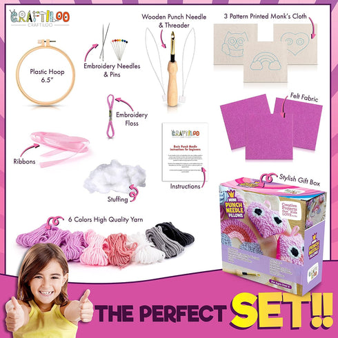 CRAFTILOO 3Pcs of Embroidery Punch Needle kit for Kids Mini Pillows Googly Heart Owl Rainbow Needlepoint Craft Embroidery Pen Needle Punch Kit Art...