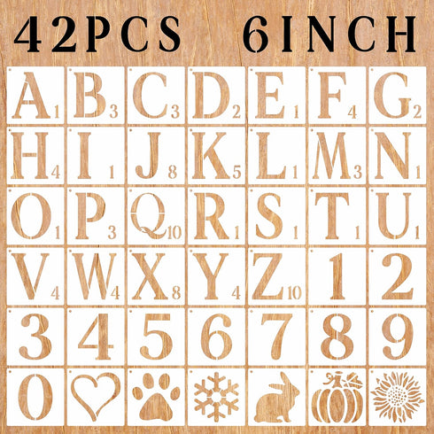 Letter Stencils 6 inch, 42PCS Scrabble Stencils for Painting on Wood Wall Home Decor Craft Projects Canvas Fabric, Numbers Symbol Alphabet Stencil...