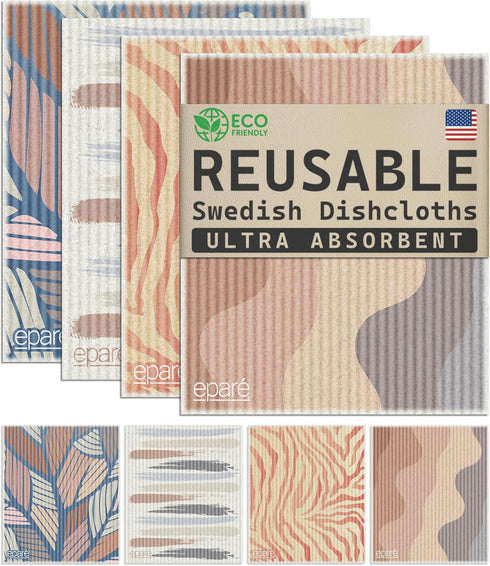 Eparé 8 Pack Absorbent Swedish Dish Cloths - Reusable Kitchen Towels - Cellulose and Cotton - Multi-colored - 7.7 x 6.7 Inches...