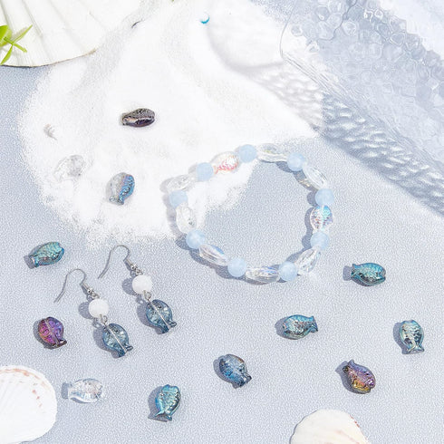 SUNNYCLUE 1 Box Fish Glass Beads Electroplated Glass Fish Beads for Jewelry Making Beading Bracelet Kit Summer Ocean Mermaid Bead Elastic Crystal ...
