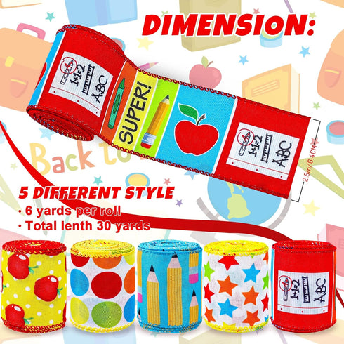Whaline 30 Yards Back to School Wired Edge Ribbons School Themed Decorative Fabric Ribbon School Supplies Apple Stars Dots Wrapping Ribbon for DIY...