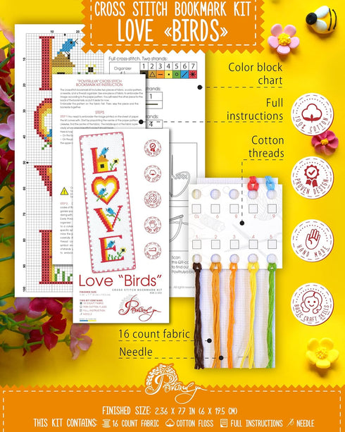 Povitrulya Love 'Birds' Counted cross Stitch Bookmark Kit - Valentine's Day DIY Embroidery set for Adults with Paper pattern, 16-count Aida Canvas...