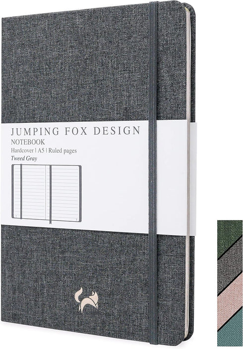JUMPING FOX DESIGN Linen Fabric Premium A5 Hardcover Lined Notebook Journal, Medium 5.6 x 8.4 inches, 100gsm Quality Paper, Numbered Pages, Inner ...