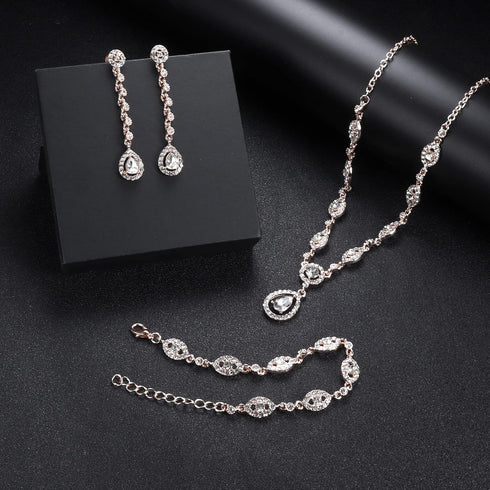 YADOCA Wedding Bridal Jewelry Set For Women Silver Prom Costume Jewelry Sets Rhinestone Crystal Teardrop Necklace Earrings Bracelet Bridesmaid Jew...