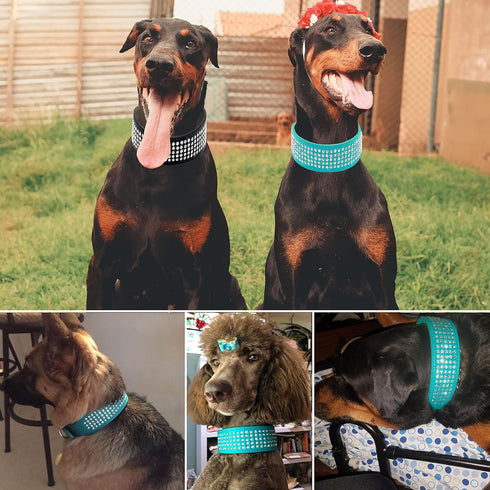 TEEMERRYCA 5 Rows Full Sparkly Rhinestone Dog Collars 2 Inch Wide Stylish Blingy Shiny Crystal Studded PU Leather Pet Collar for Medium Large Bree...