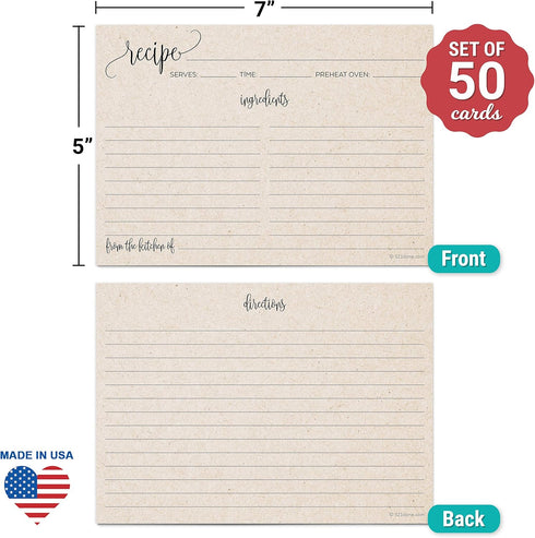 321Done 5x7 Recipe Cards (Set of 50) Rustic Kraft Tan Modern Contemporary - From the Kitchen Of - Double-Sided for Weddings, Bridal Shower, Baby, ...