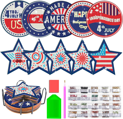 JHGCVX 10 Pcs 4th of July Diamond Painting Coasters Kit,Diamond Art Coasters with Holder,Independence Day Diamond Painting Coasters for Adults Beg...