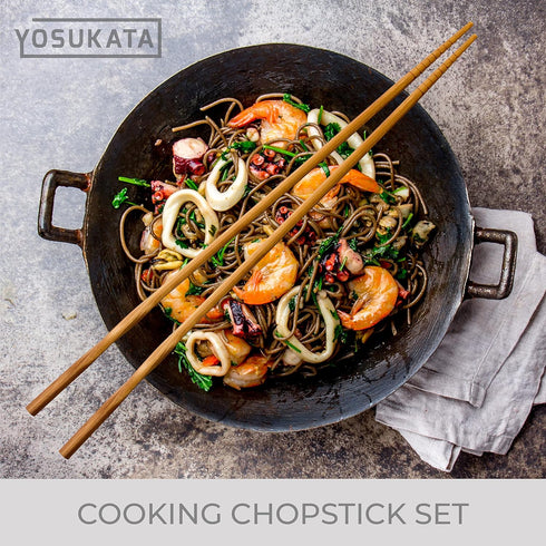 YOSUKATA Reusable Natural Wooden Long Cooking Chopsticks Set of 3 pairs: 11.8 inch, 13-inch, 14.2 inch Brown Long Wok Wooden Chopsticks Reusable...