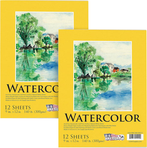 U.S. Art Supply 9" x 12" Premium Heavyweight Watercolor Painting Paper Pad, Pack of 2, 12 Sheets Each, 140 Pound (300gsm) - Cold Pressed, Acid-Fre...