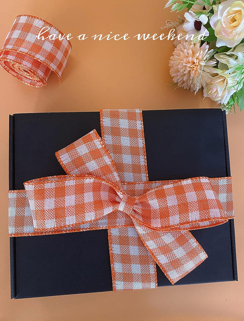 Pumpkin Orange and White Gingham Buffalo Plaid Ribbon? Autumn Thanksgiving Wired Edge Ribbon Halloween Christmas Wrapping Ribbon Wired Craft Decor...