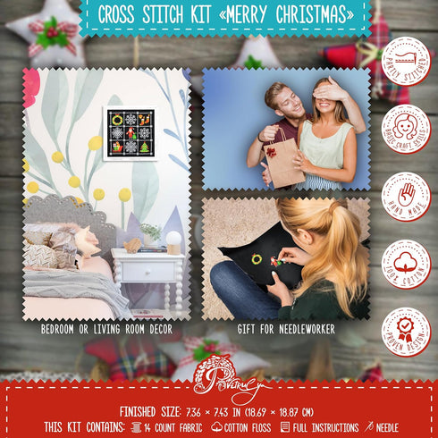 Counted Cross Stitch Kit 'Merry Christmas' - Easy-to-do Embroidery Sampler Set for the Christmas and New Year Holidays, Encouragement, with a Chri...