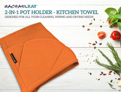 Rachael Ray Moppine Towel - 2-in-1 Kitchen Towel and Pot Holder with 2 Heat Resistant Pockets to Grip Hot Cookware, Bakeware -Absorbent Kitchen To...