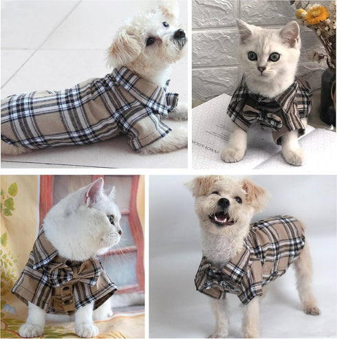 Soft Casual Dog Plaid Shirt,Gentle Dog Western Shirt Pet Clothes, Dog Cotton Shirt with Bow Tie for Wedding,Christmas Costumes (Large, Dark Khaki)...