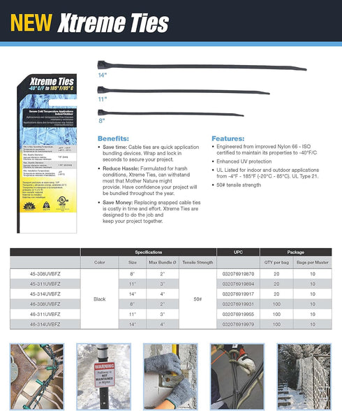Gardner Bender 46-311UVBFZ Xtreme Temperature Cable Tie, 11 inch, 50 lb, Cold and Hot Weather, Electrical Wire and Cord Management, Nylon Zip Tie,...
