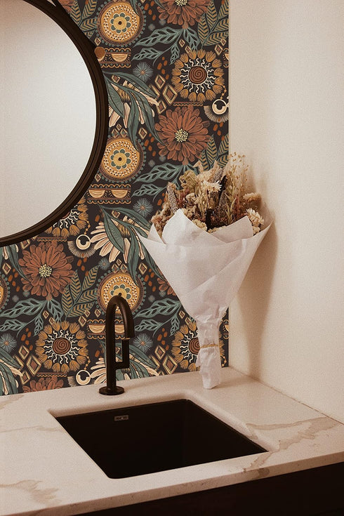 HAOKHOME 93291 Wallpaper Peel and Stick Floral Boho Brown/PeachPuff/Green Retro Wall Decor Bathroom Removable Mural 17.7in x 6.6ft...