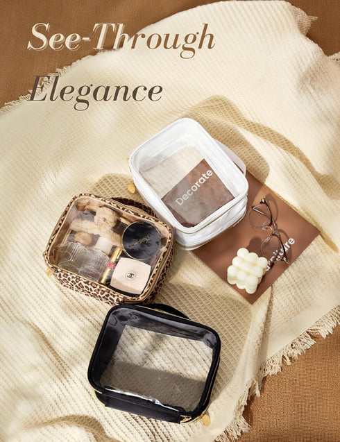 Clear Leopard Travel Makeup Bag Transparent Cosmetic Pouch Portable Toiletry Bags Two Compartments Cosmetic Bag with Handle Nylon and PVC Make up ...