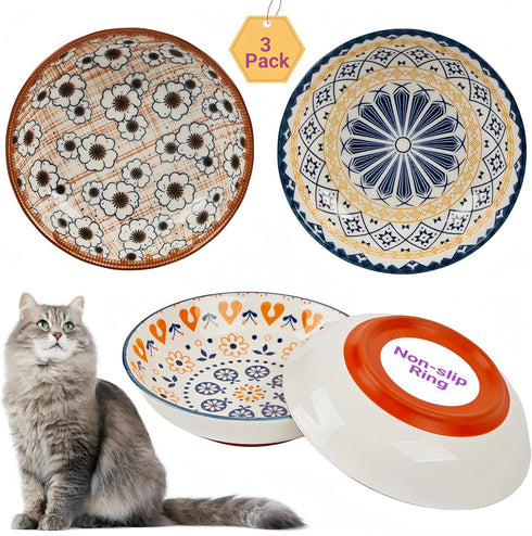Nonslip Cat Bowls — Ceramic Cat Bowl Whisker Friendly Shallow Cat Food Dish Cute Flat Cat Bowl Wide Small Cat Feeding Bowls, 3PCS, Anti Whisker Fa...