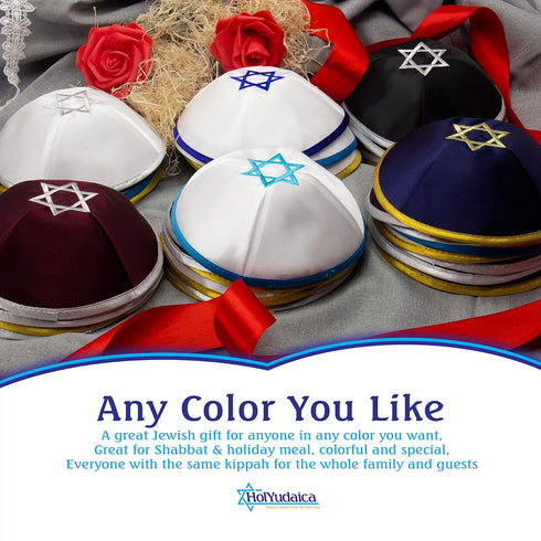 Pack of 5-Pcs Hq 20cm Satin/Velvet Kippah with Silver/Gold String+Star of David for Men & Boys, Israel Kippot Bulk...
