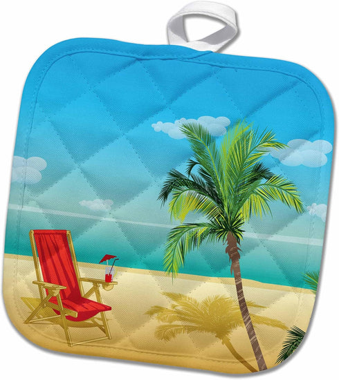 3D Rose Scene with A Beach Chair and Palm Tree Pot Holder, 8 x 8...