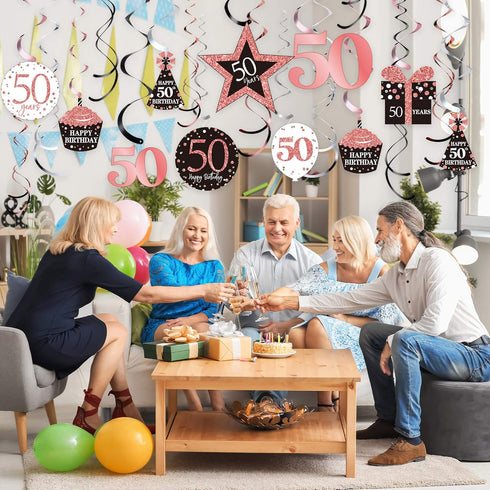 Blulu 50th Birthday Decorations for Women,Rose Gold Happy 50th Birthday Decorations Hanging Swirls Ceiling Decor Shiny Foil Swirls for Party Suppl...