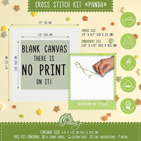 Povitrulya Counted Cross Stitch Kit with Pattern 'Panda' - Easy DIY Set for Hand Embroydery with Paper Pattern, 14 Count Blank Aida Canvas and Pre...