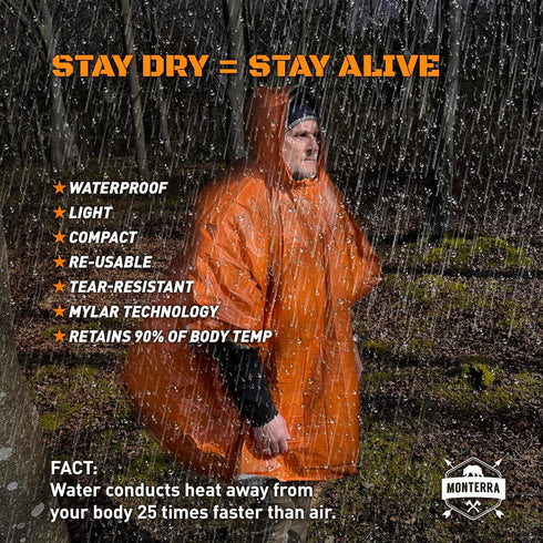 Emergency Survival Poncho. 2 Thermal Mylar Space Blanket Rain Ponchos. Camping Accessories, Outdoor Survival Gear....