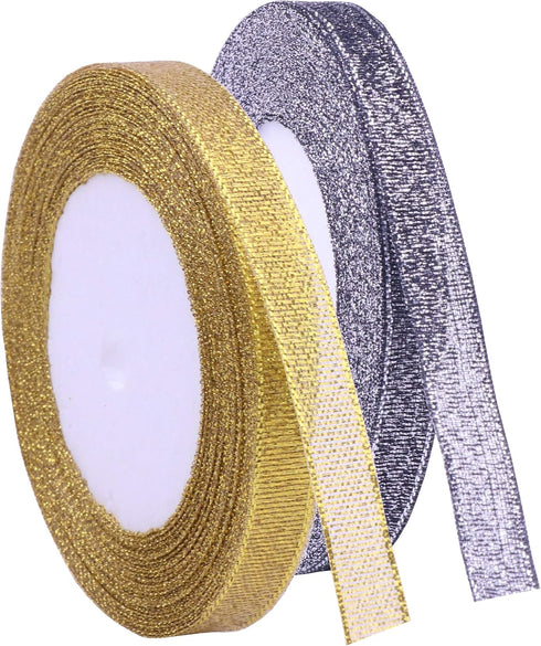 YAKA 3/8 inch 50 Yards Ribbon Shimmer Sheer Organza Ribbon for Craft Bow Party Decoration Packing Ribbons 2 Rolls (Black and Gold, 3/8 inch(10mm))...