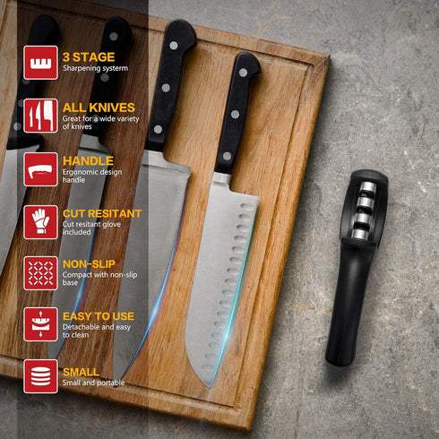 Kitchen Knife Sharpener - Professional Handheld 3 Stage Sharpening Tool for Chef Knives with Diamond, Tungsten & Ceramic Rods Includes Cut Resista...