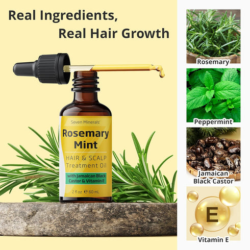 Seven Minerals, NEW Rosemary Oil for Hair Growth, Infused with Jamaican Black Castor Oil, Vitamin E, Mint & Natural Hair Strengthening Oils, Thick...
