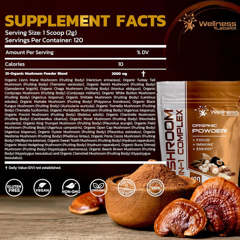 Mushroom Powder, 25 in 1 Mushrooms Lions Mane Powder Organic - 2000mg - Mushroom Supplement, 25 Superfood Mushrooms, Chaga, Shiitake Mushrooms, Co...