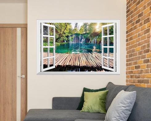 FLFK Fake Window Wall Mural - Waterfalls in The Jungle Faux Window Wall Sticker for Wall Decor, Stick and Peel Wall Decals,48"x32",Set of 2 Sheets...