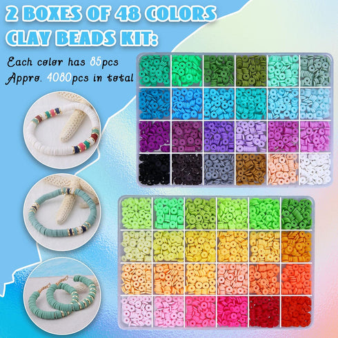 GREENTIME 4314 PCS Clay Beads for Bracelet Making, 48 Colors Flat Round Polymer Beads Set, 2 Boxes Disc Heishi Beads with Pendants Letter Beads fo...