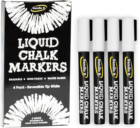 4-Pack White Erasable Chalk Markers - Non-Toxic, Water-Based, Reversible Tips For Kids & Adults, Glass & Chalkboards...