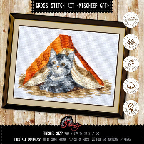 Povitrulya Counted Cross Stitch Kit 'Mischief Kitten' DIY Embroidery Set with Counted Gray Tabby Cat Pattern...