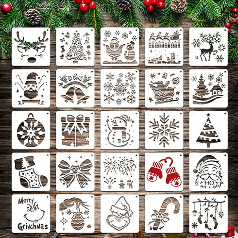 25 pcs Christmas Stencils Reusable, 6x6" Christmas Stencils for Painting on Wood, Plastic Drawing Painting Spraying Template for Greeting Cards, X...