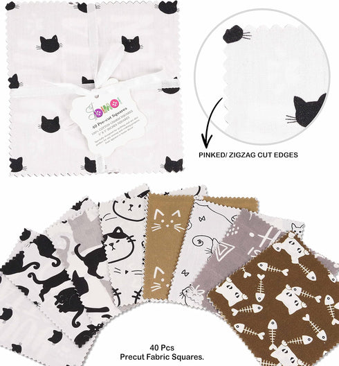 Soimoi Cat Print Precut 5-inch Cotton Fabric Quilting Squares Charm Pack DIY Patchwork Sewing Craft- Brown, Grey, Black & White...