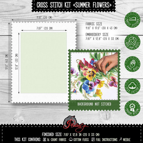 Povitrulya Summer Flowers - Embroidery Set - DIY Counted Cross Stitch Kit with Paper Pattern, 14 Count Aida Canvas and Pre-Sorted Floss...