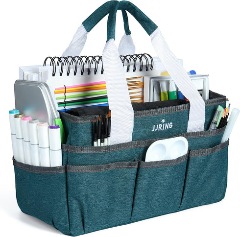JJRING Craft Organizer Tote Bag for Art Storage, Caddy with Multiple Pockets, Bluish Green Sewing Bag for Scrapbooking, School, Medical, and Offic...
