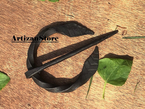 Viking Cloak Pin, Norse BlackLeaf Penannular Brooch, Medieval Apron Buckle Clasp Cloak Badge, Cloak Pin Black...