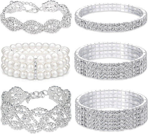 EIELO 6 Pcs Rhinestone Stretch Bracelet for Women Sparkly Clear Crystal Wedding Bridal Bridesmaid Stretch Bracelet Jewelry Stackable Elastic Pearl...