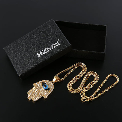 HZMAN 18k Gold Plated Iced Out CZ Stainless Steel Blue Evil Eye Beads Fatima Hamsa Hand Pendant Necklace...